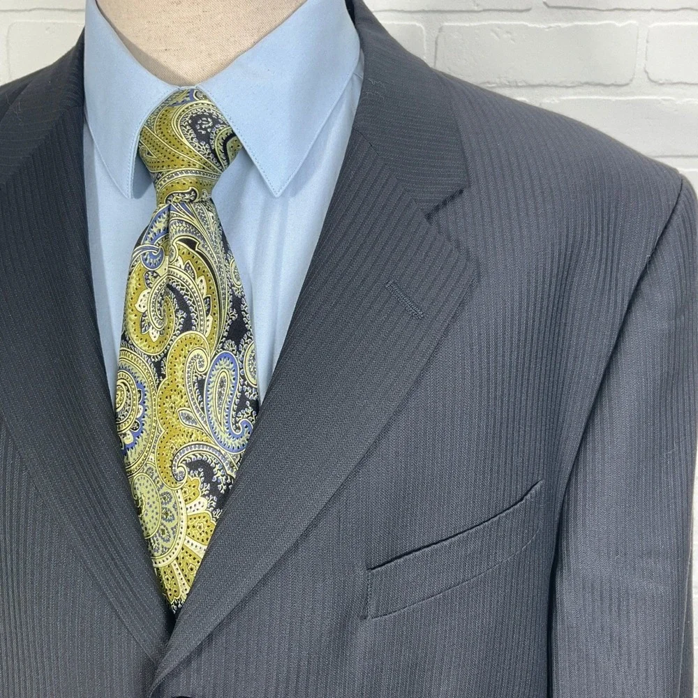 Bachrach Suit Men 46L 38W 33 Navy Blue Pinstripe Wool Career Classic Italian VTG